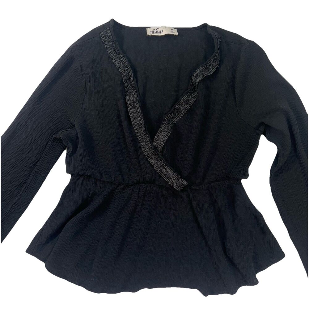 Hollister Black Long Sleeve Blouse Womens Medium Lace Trim Textured Lightweight